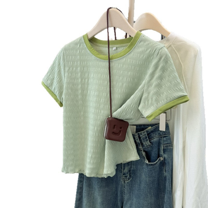 Style Short T-Shirt Women's Slim Fit Korean Version Base Layer with Wooden Edge Half Sleeve Top