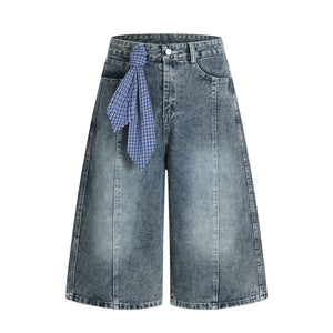 Retro Washed Ribbon Unique Design Seven-Quarter Denim Pants Loose Casual Couple Mid-Length Shorts