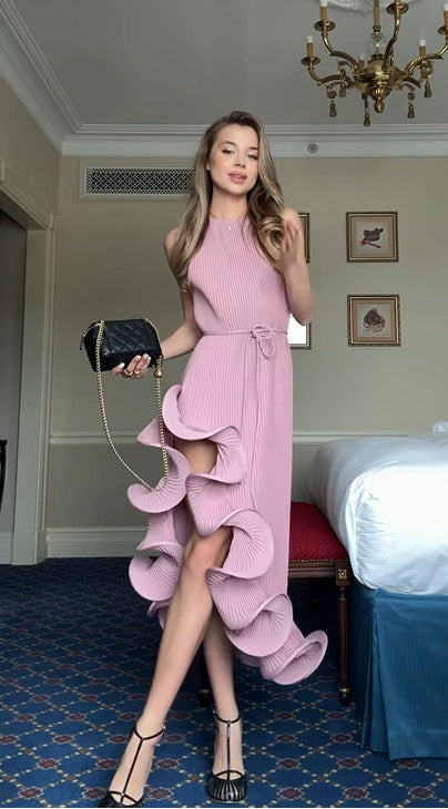 Irregular Hem Leaf Trim Sexy Strapless Fitted Dress