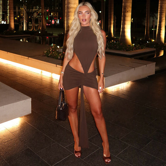 Round neck sleeveless backless irregular hollow out hip hugging short skirt dress