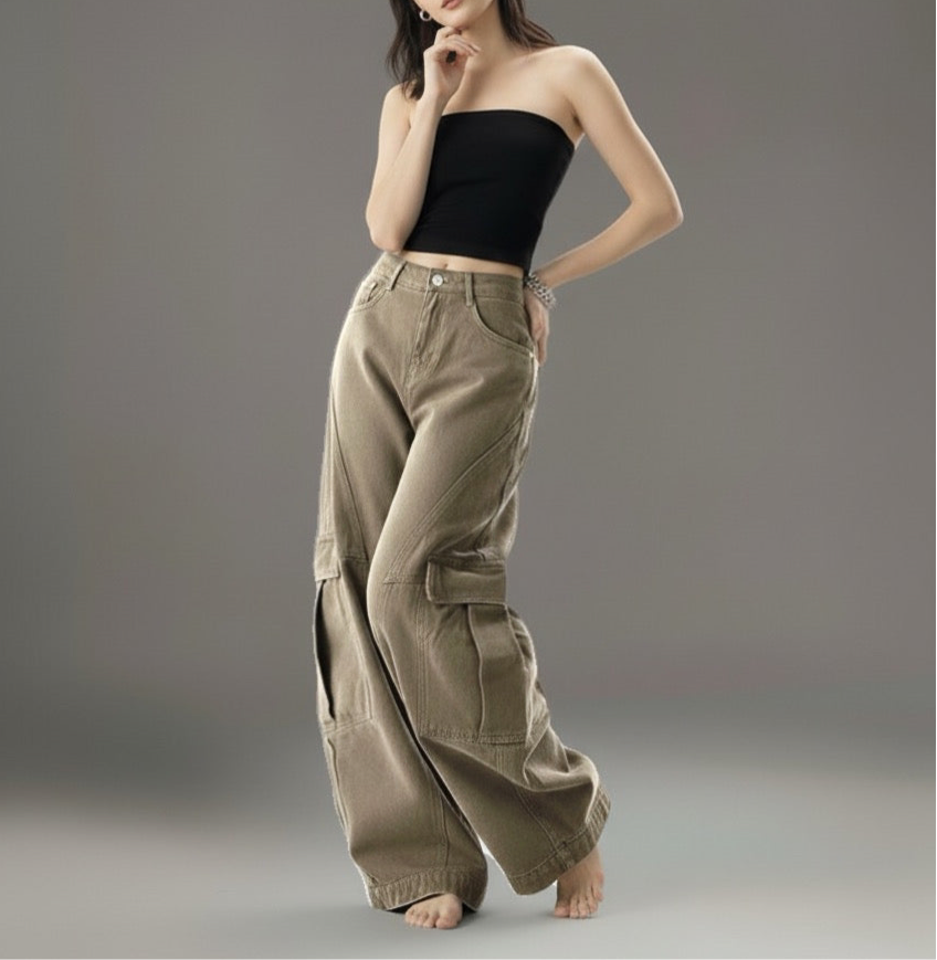 Retro multi pocket deconstructive curved knife jeans