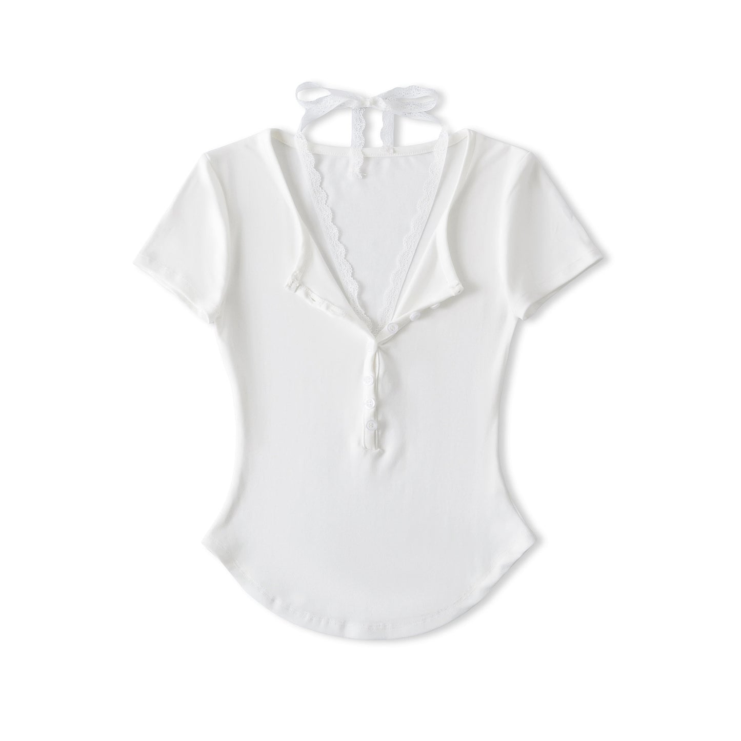 Slim fit V-neck lace short sleeved T-shirt