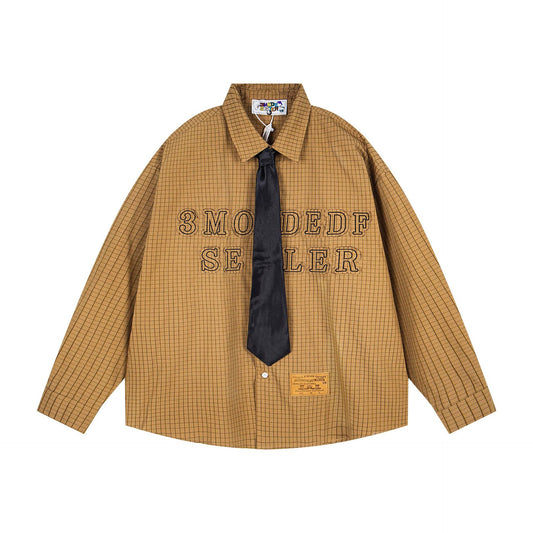 Letter Embroidery Striped Collar Long Sleeve Shirt Men's College Style Couple Loose Casual Shirt