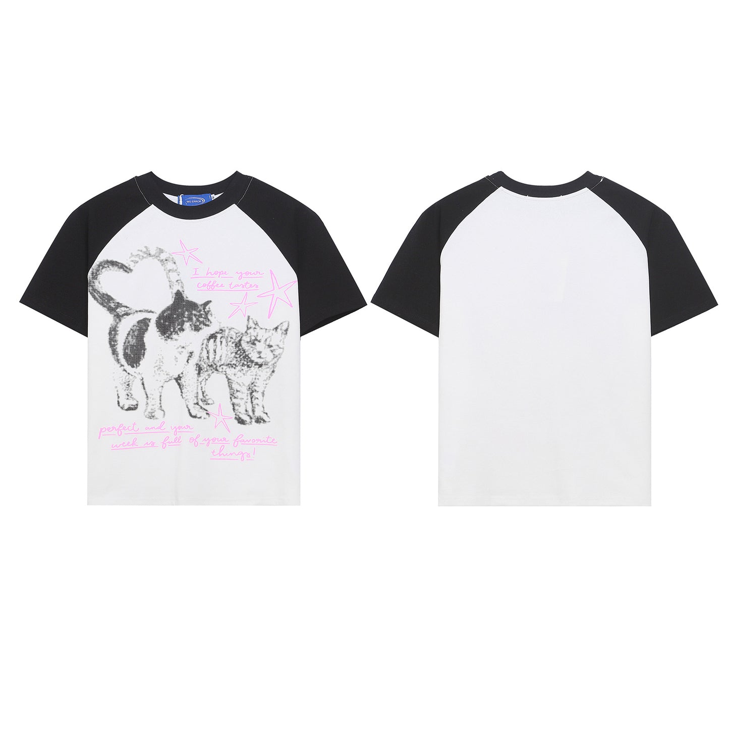 Retro Cat Print Raglan Short Sleeve T-Shirt Women's Slim Design Sense Unique Short Length Spicy Girl Top