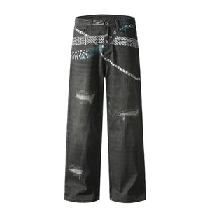 Street Style Metal Waist Chain Design Denim Pants Unisex Loose Casual Slim Fit Straight Leg Pants