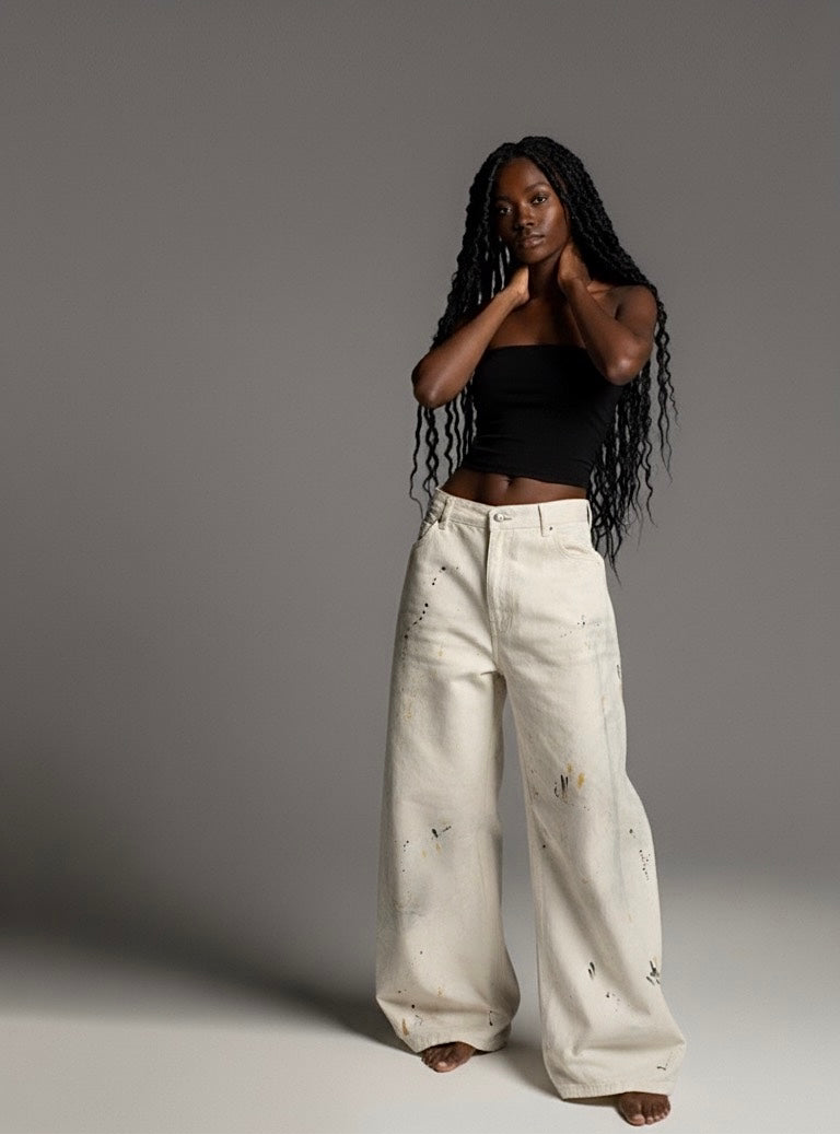Street Style Washed Print Tapered Denim Long Pants