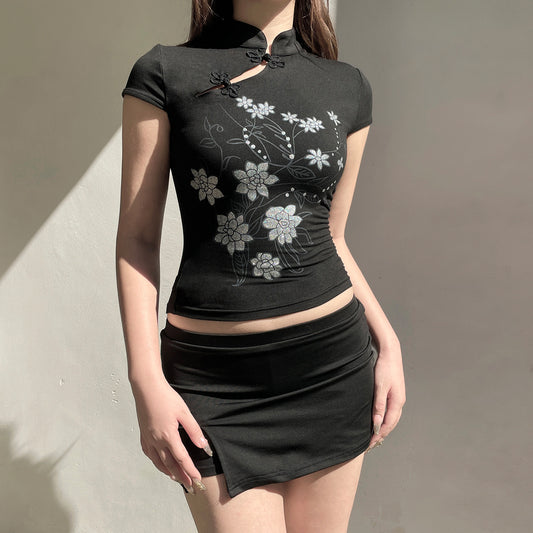 Stand up collar top slim fit short sleeved T-shirt for women