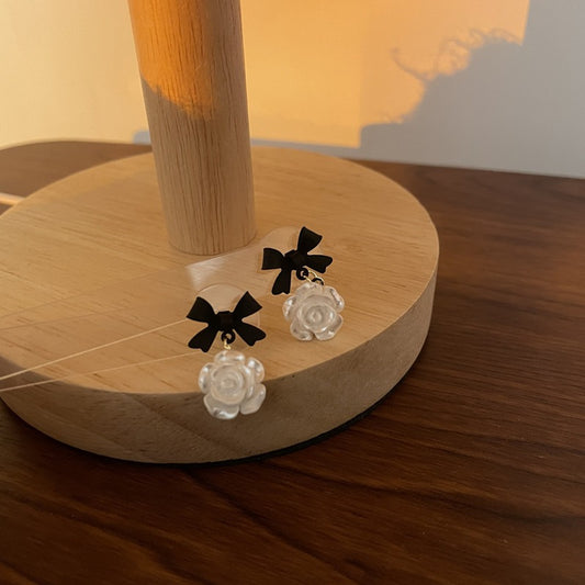 Silver Needle Korean Flower Bow Earrings for Women