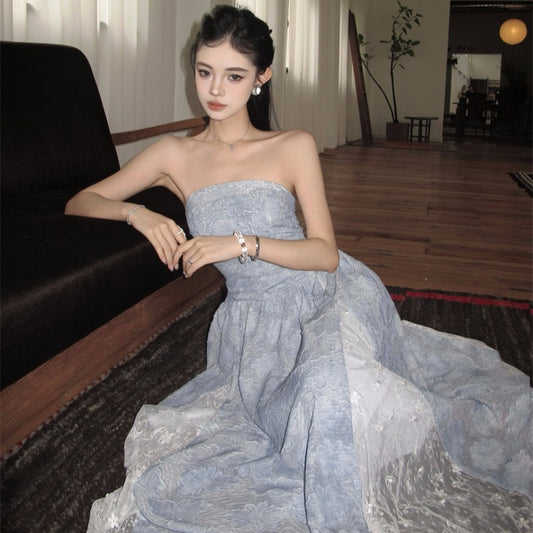 Vintage Holiday Style Jacquard Strapless Dress Women's A-Line Long Dress with Beautiful Splicing for Petite Size