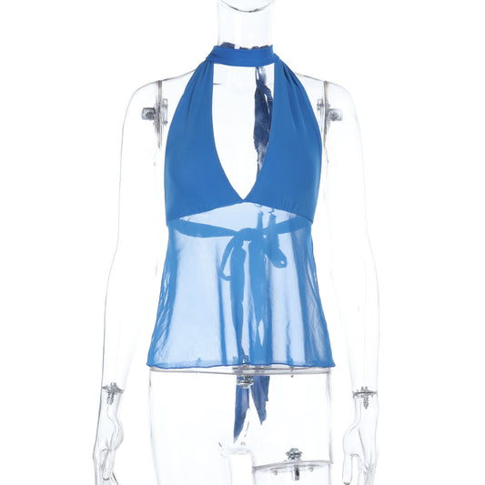 V-Neck Halter Sexy Backless Sheer Tie-Back Short Top