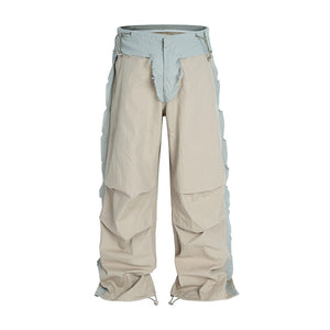Denim Pants with Spliced Drawstring Cuffed Wide-Leg Cargo Paratrooper Trousers for Men
