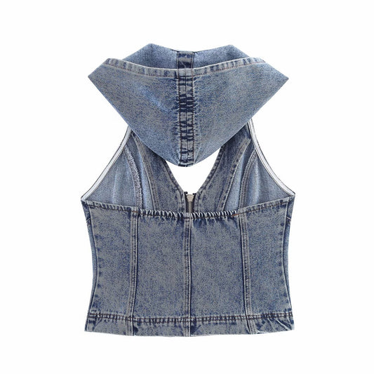 Women's Hollow Back Hooded Denim Shirt