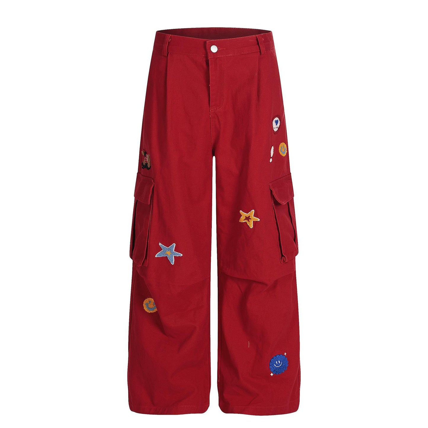 Large pocket embroidered workwear casual pants