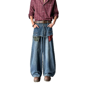 Retro fake two-piece checkered patchwork jeans for men in summer