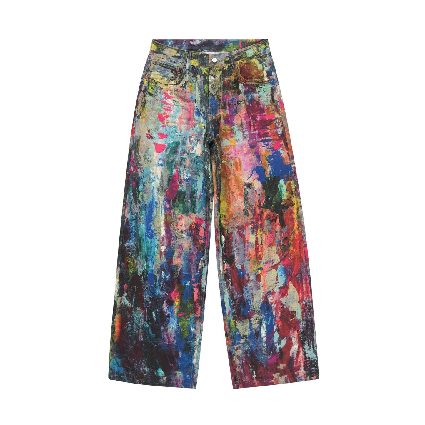 Retro Heavy-Work Design Visual Illusion Print Paint Coating Straight Loose Wide-Leg Jeans for Men and Women