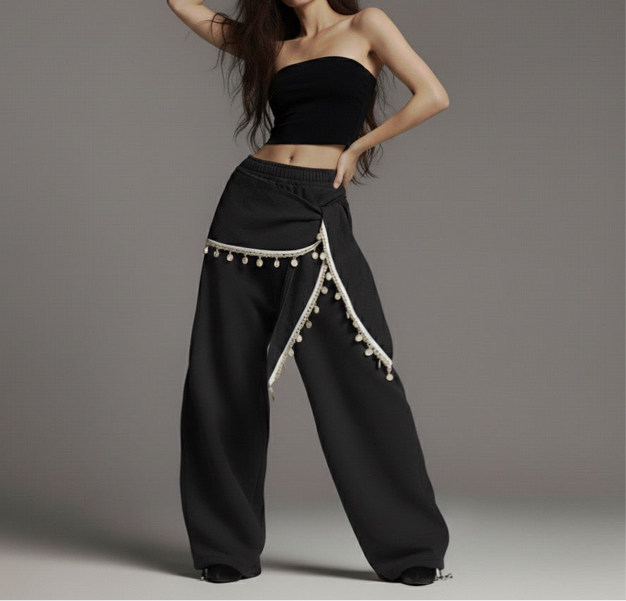 Lace fart curtain layered on sweatpants