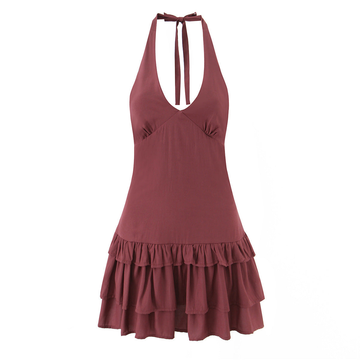 V-neck Wine Red Halter Waist-Cinched Tiered Mini Dress