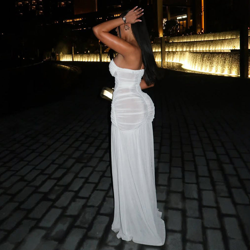 Women's Mesh Backless Slit Pencil Skirt Tube Top Slightly Transparent Solid Color Long Dress