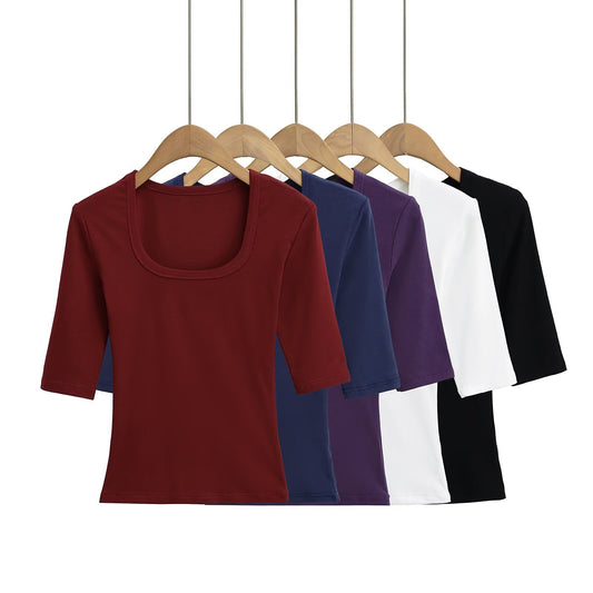 Elastic Fitted U-neck Lockbone Mid-sleeve Tee Shirt