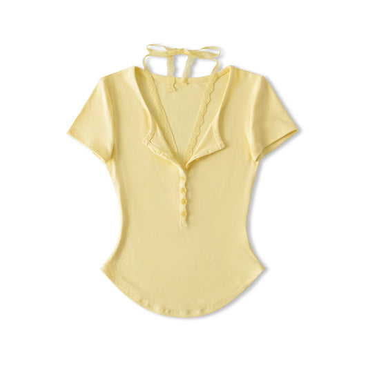 Slim fit V-neck lace short sleeved T-shirt