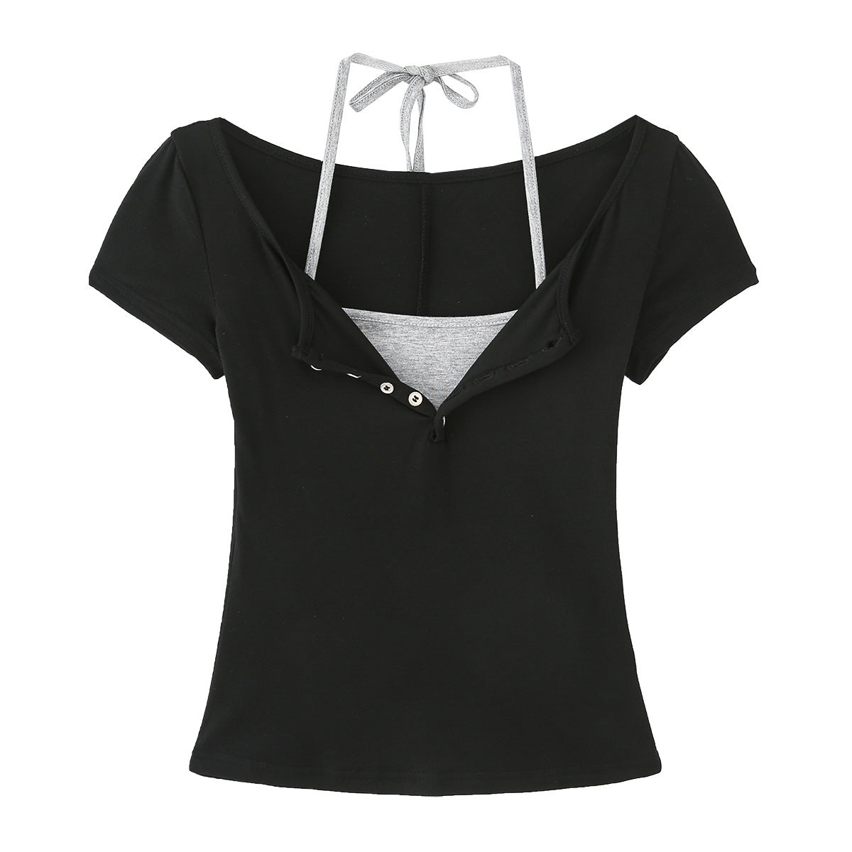 Fake Two-Piece Halter Tie Slim Fit Short Sleeve Top for Women