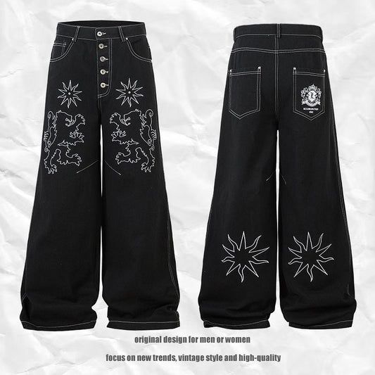 Loose Wide-Leg Floor-Length Denim Trousers for Men and Women