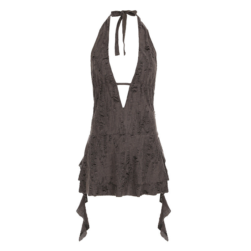 Streetwear Wasteland Style Sexy Off-the-Shoulder Irregular Strapless Backless Dress Deep V-Neck Distressed Mini Skirt