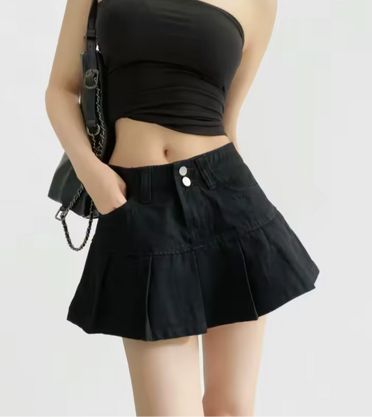 High-Waisted Leg-Lengthening Washed Vintage Two-Button Denim Pleated A-Line Mini Skirt