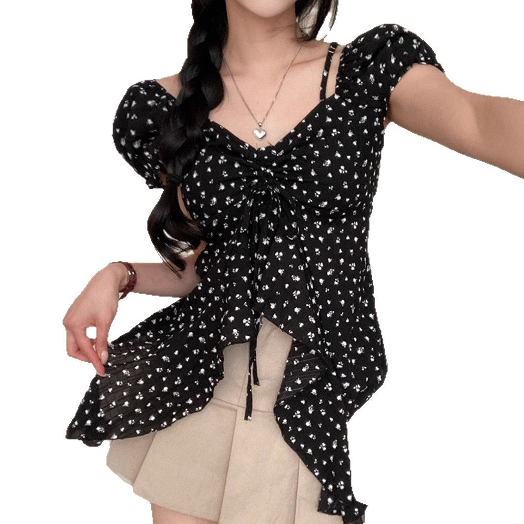 Polka Dot Bubble Sleeve Halter Irregular Tie Top Women's Slim T-Shirt