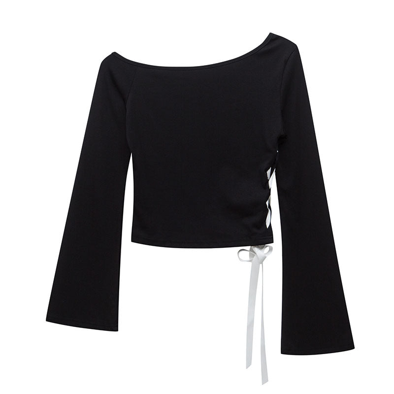 Butterfly Knot Printed Off-the-Shoulder Long Sleeve T-Shirt Women's Design Fitted Slim Shoulder-Baring Top Trendy