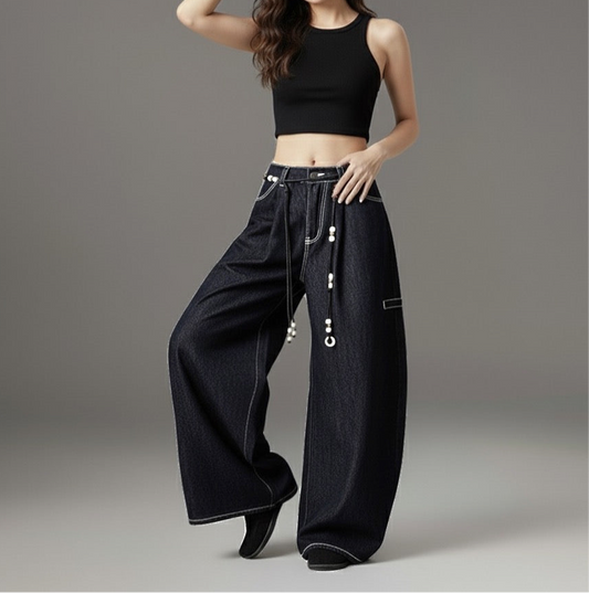 Retro Unique Design Beaded Waist Cord Flared Denim Pants Unisex Loose Slimming Versatile Wide Leg Long Trousers