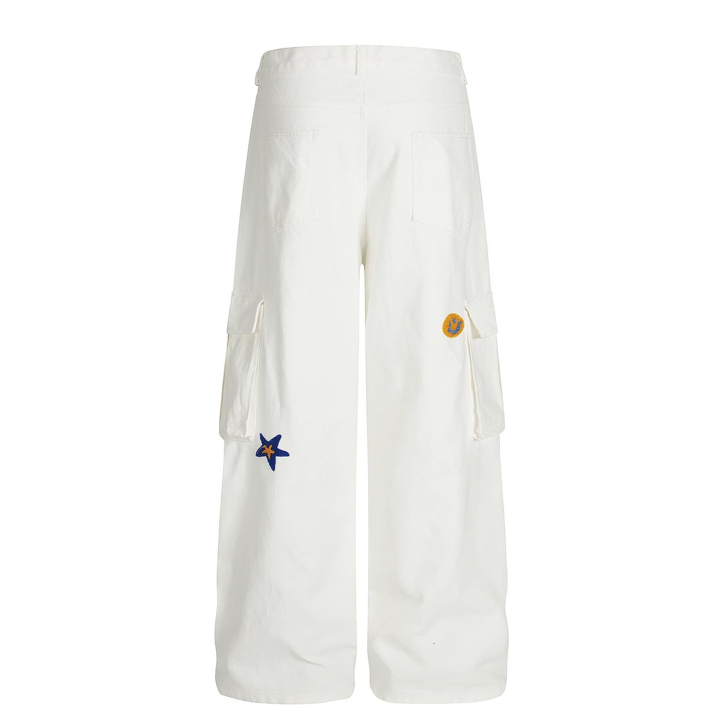 Large pocket embroidered workwear casual pants