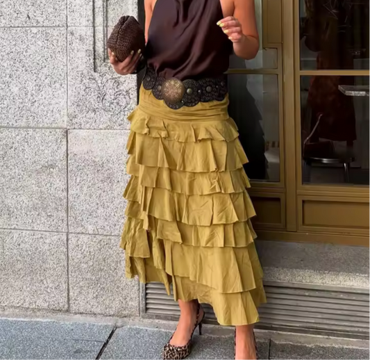 Women's Clothing INS Casual Versatile Layered Decorative Midi Skirt