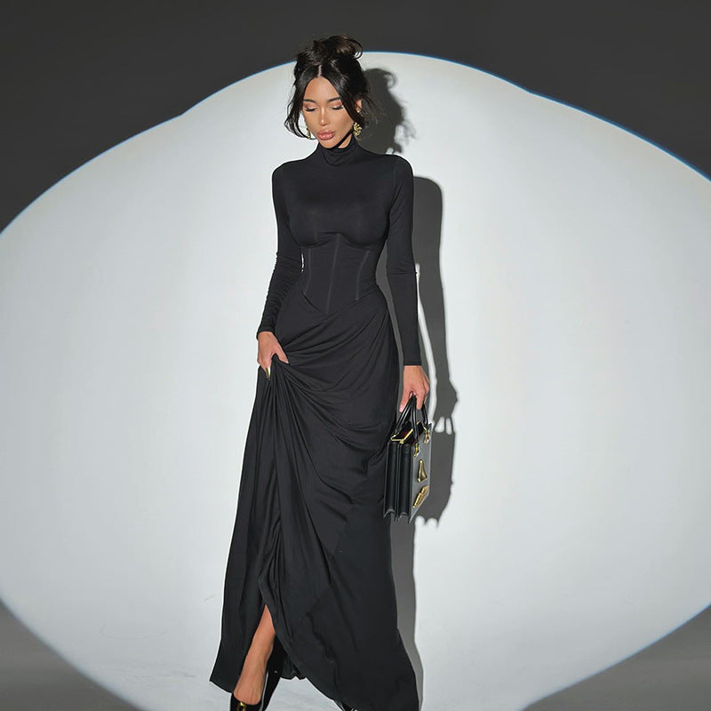 High Neck Waist-Cinched Slit Dress Half-High Neck Long Sleeve Dress