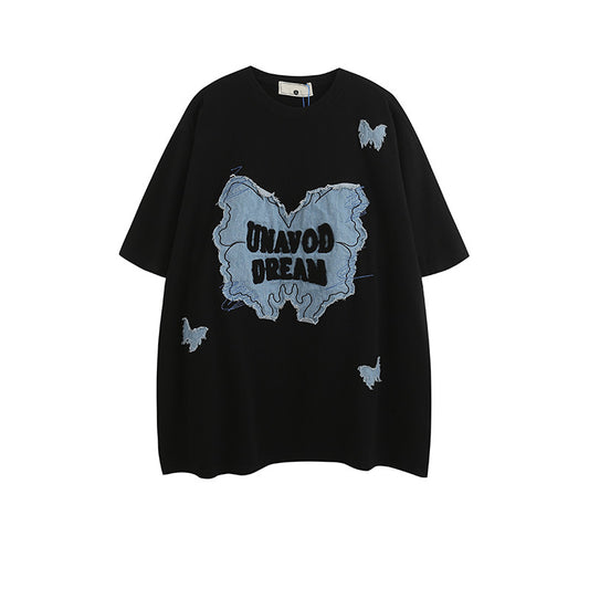 Denim Patch Decorative Unique Couple Trendy Short Sleeve T-Shirt