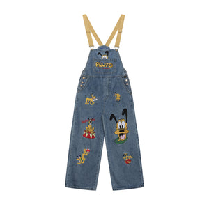 Washed Color-Blocked Cartoon Embroidered Overalls Denim Pants Unisex Loose Casual Long Trousers