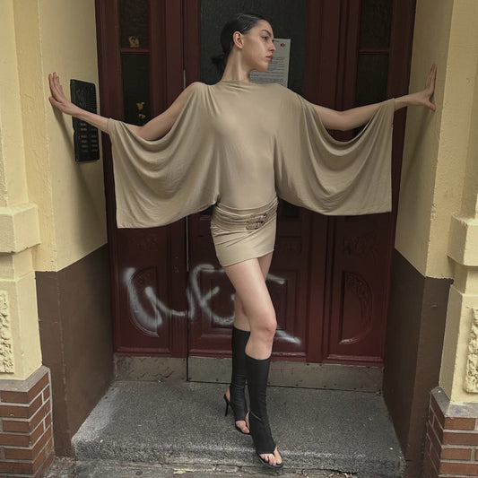 Irregular flared sleeves solid color slim fit dress for women