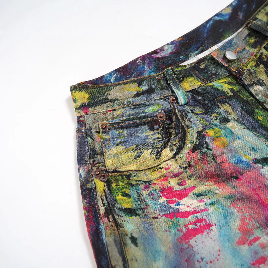 Retro Heavy-Work Design Visual Illusion Print Paint Coating Straight Loose Wide-Leg Jeans for Men and Women