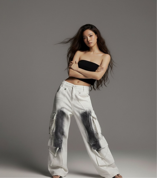 Trendy High Street Design Spray Ink Ribbon Dirty Denim Pants Men's Retro Vibe Style Unique Wide Leg Work Trousers