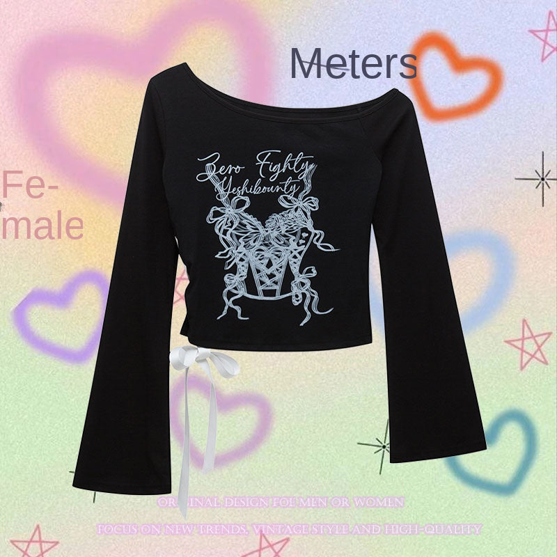 Butterfly Knot Printed Off-the-Shoulder Long Sleeve T-Shirt Women's Design Fitted Slim Shoulder-Baring Top Trendy