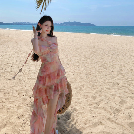 Vacation Style Irregular Hem Leaf Edge Short Dress Women's Strapless Dress