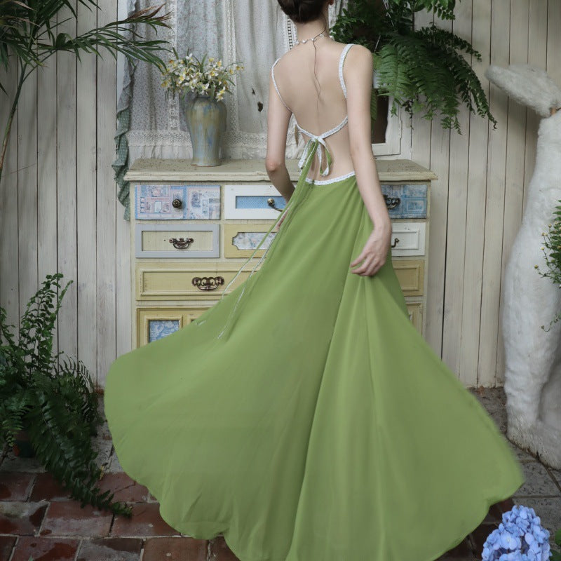 French Fresh Elegant Green V-neck Dress with Strapless Design