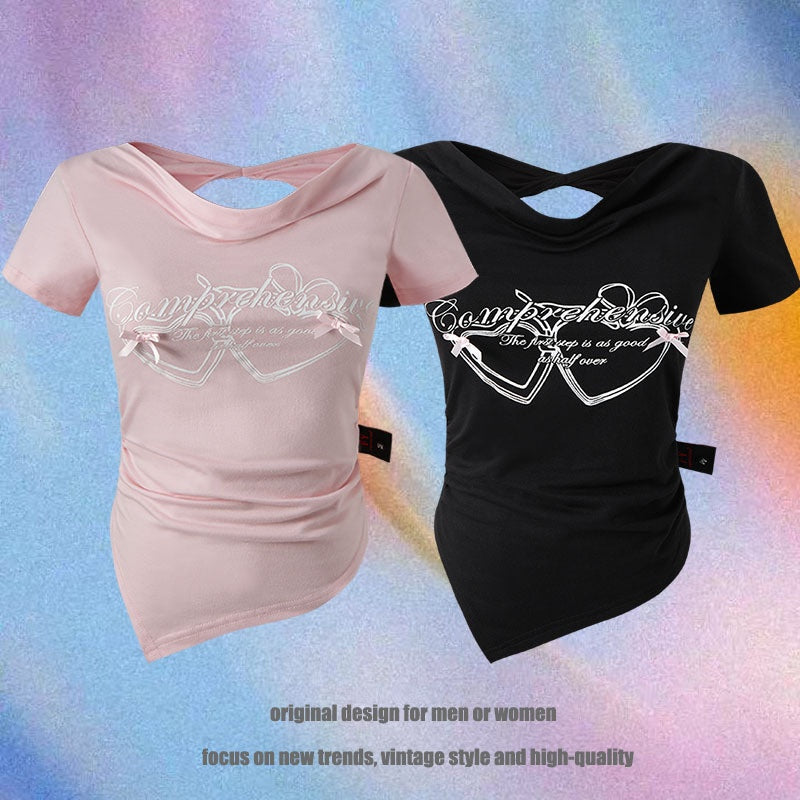 Short Sleeve T-Shirt Bowknot Sexy Backless Slim Sweet Top