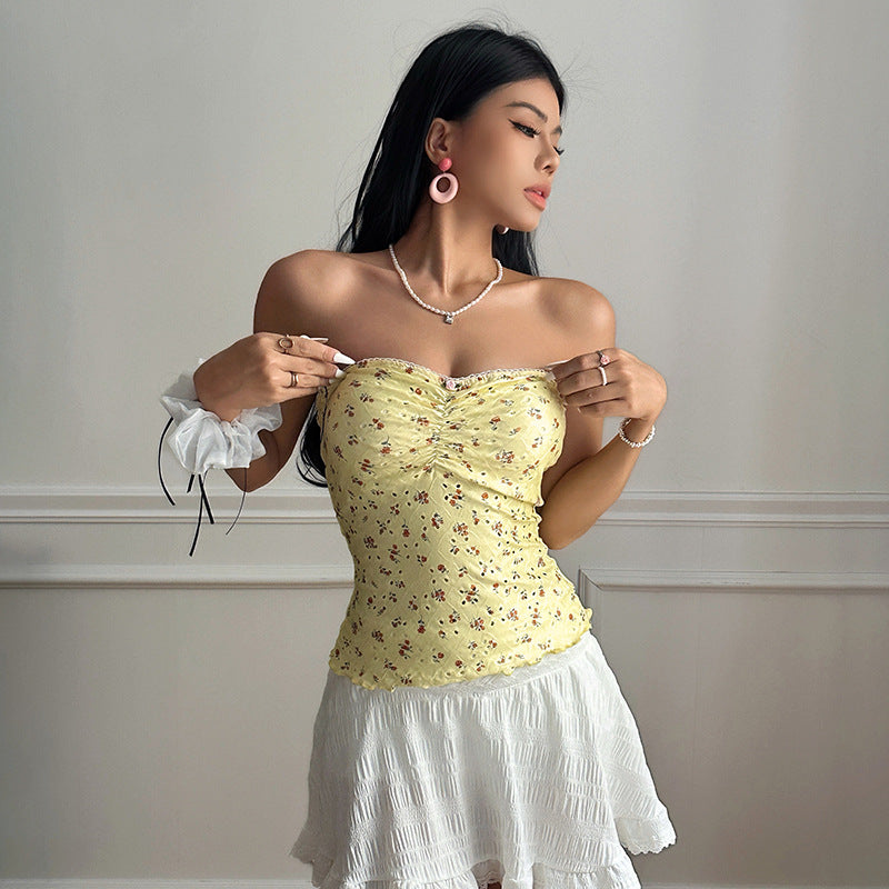 Floral hot girl strapless slim fit bottom vest top