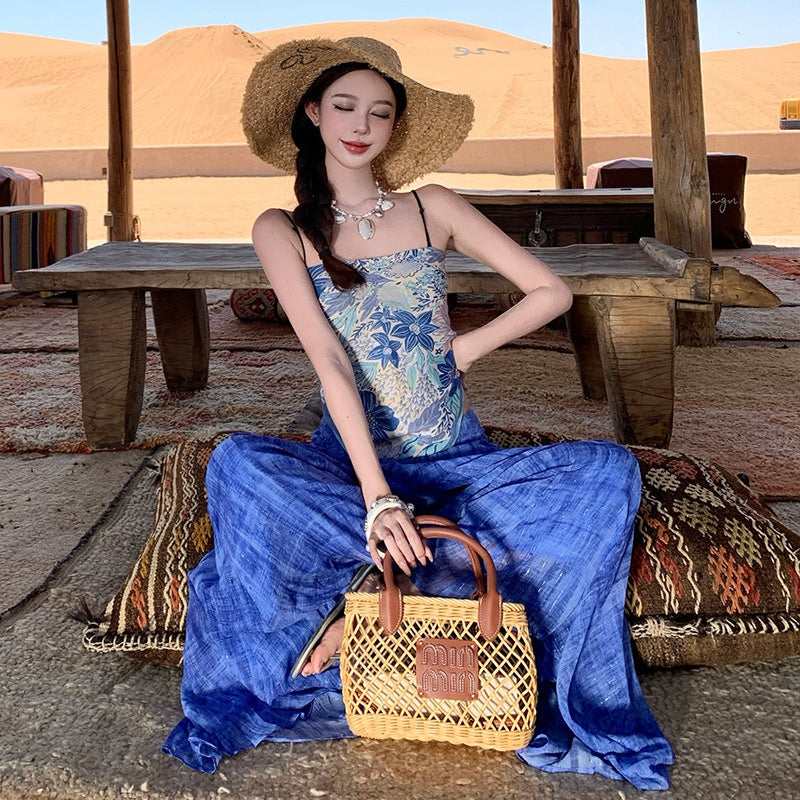 Beach Vacation Style Blue Printed Off-Shoulder Strap Top and Tie-Dye Wide-Leg Pants Two-Piece Set for Women Summer Outfit