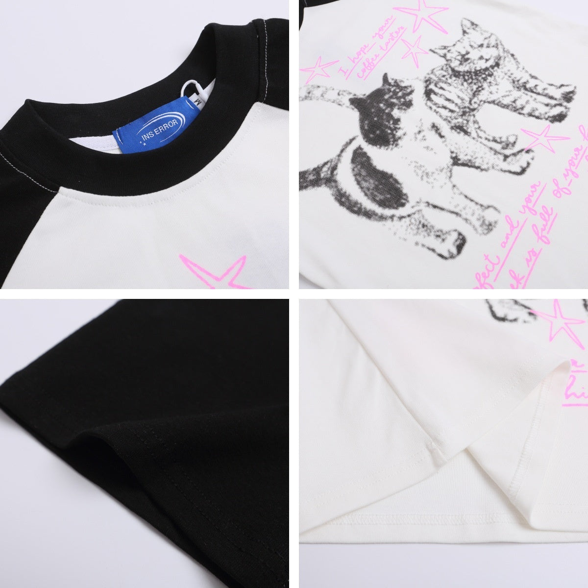 Retro Cat Print Raglan Short Sleeve T-Shirt Women's Slim Design Sense Unique Short Length Spicy Girl Top