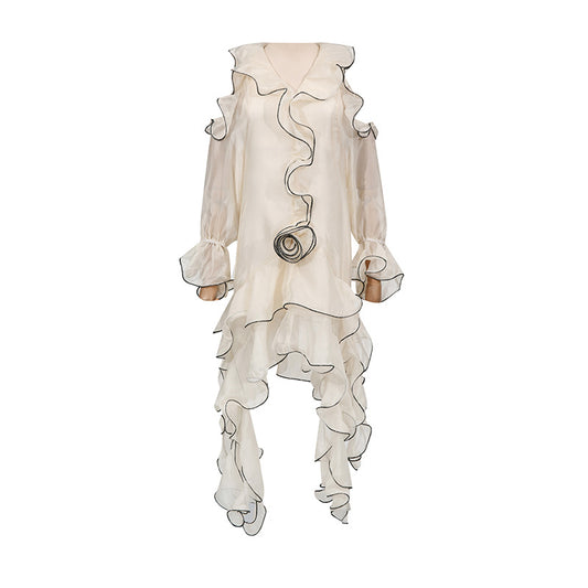 Vacation Style Elegant Embroidered White Dress Women Summer Ruffle Long Sleeve Off Shoulder Mini Dress