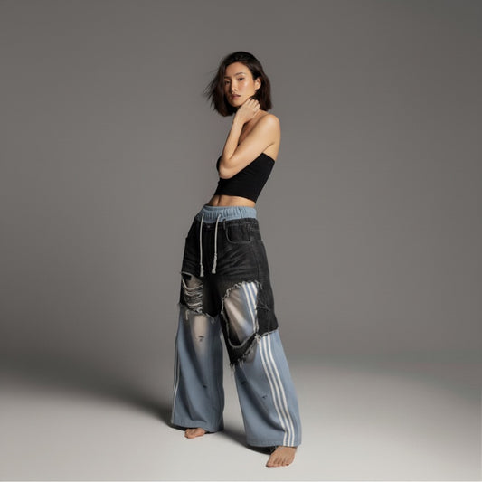 Retro ripped contrasting color patchwork casual pants