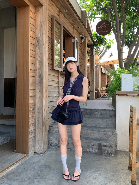 Plaid Collar Tie V-neck Vest + Unique Personalized Pleated Skirt Women