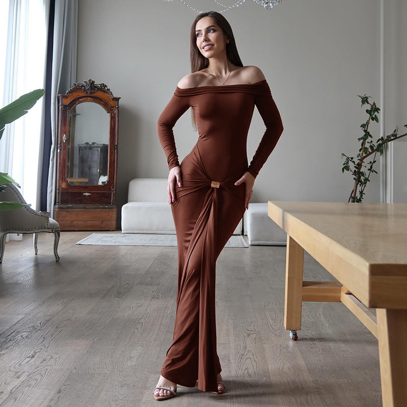 Women's Pure Color One-Shoulder Long Sleeve Slim Dress